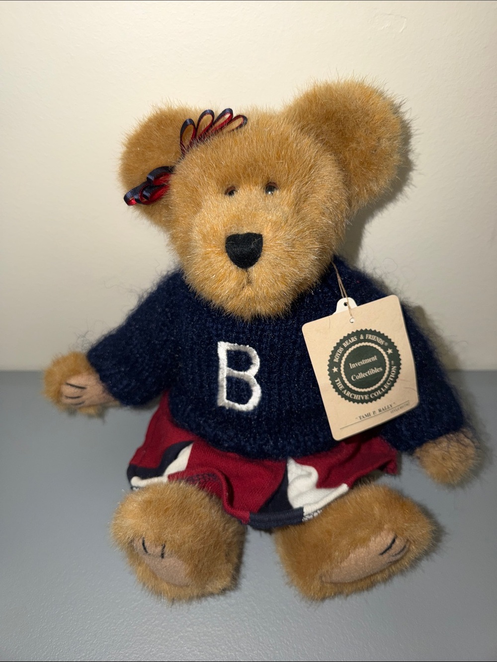 Boyds Bears Tan Plush in Navy Sweater with Red Skirt